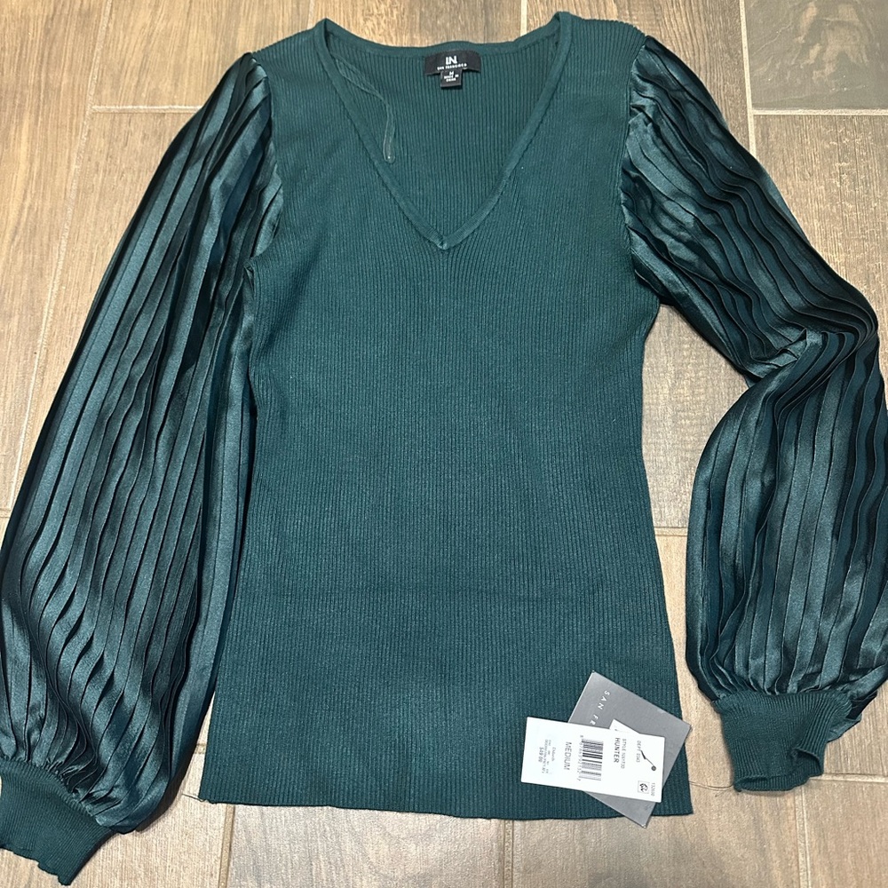 I.N. San Francisco Teal Blouse with Pleated Sleeves
